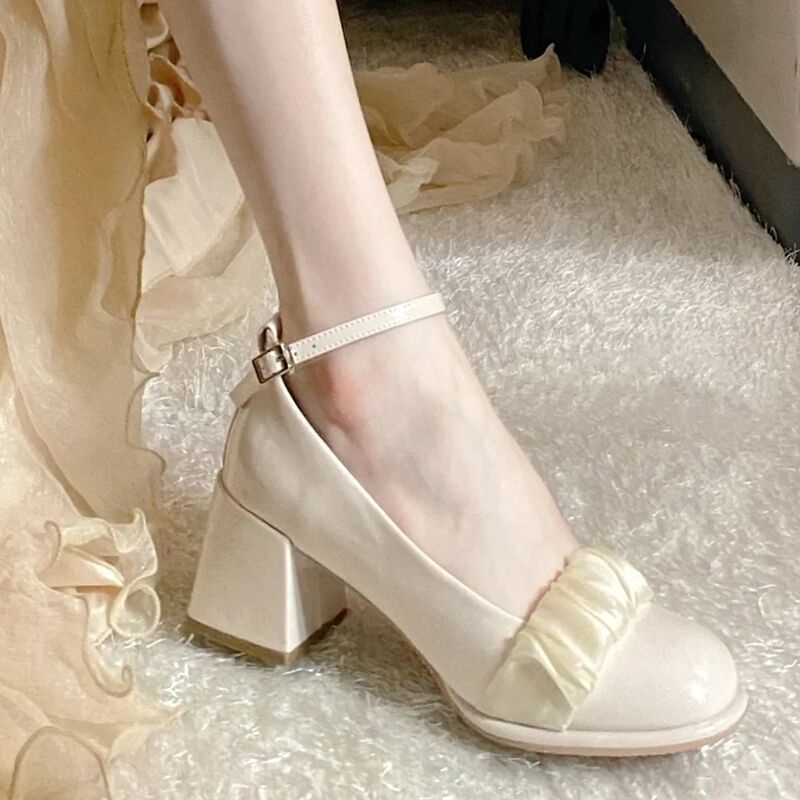 Giày Cao Gót Mary Jane Mũi Tròn Cột Dây Trẻ Trung Thanh Lịch Dành Cho Nữ