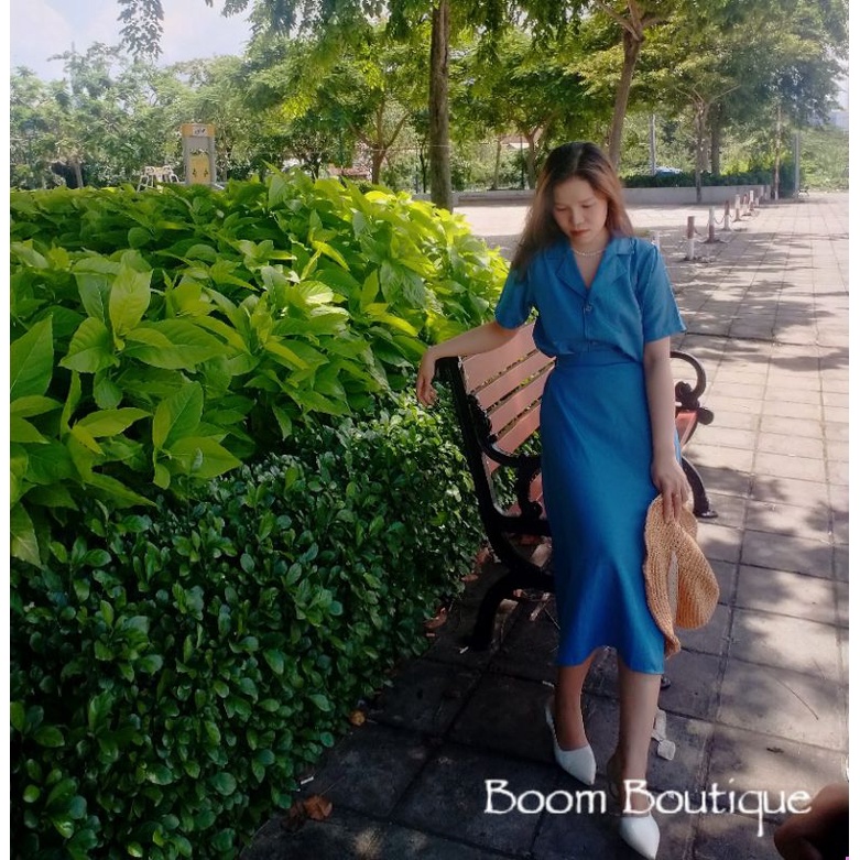 SET ÁO CỔ SƠ MI KÈM CHÂN VÁY DÀI XANH_B.O.O.M