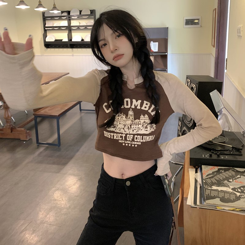 Áo dệt kim ZHELIHANGFEI tay dài cổ tròn dáng ôm phong cách retro Mỹ