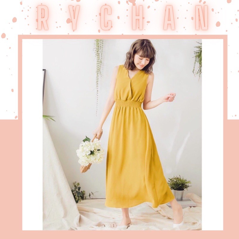 [ẢNH THẬT CUỐI] DM788 - Đầm Maxi Vàng Sát Nách Cổ V Nhún Eo | BigBuy360 - bigbuy360.vn