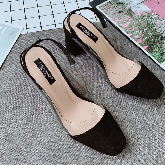 Giày cao gót nữ I Sandal gót vuông 7p da lộn phối trong mũi vuông hot trend năm nay