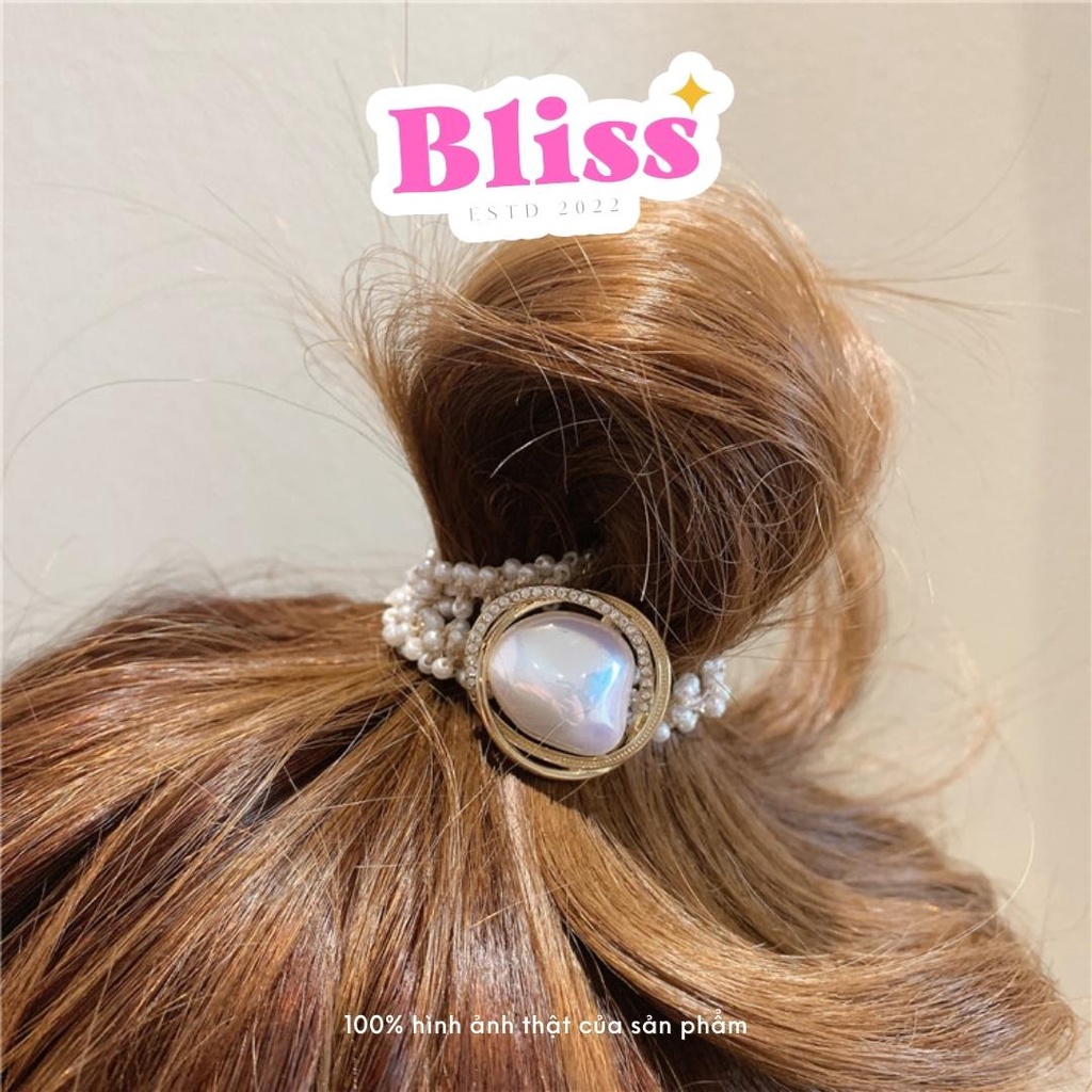 Dây, thun cột tóc hạt trai nhí charm mặt Xà cừ tròn Trendy Bliss Accessories