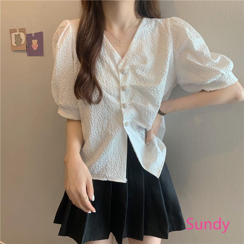 Áo Sơ Mi Tay Phồng Đính Ngọc Trai Giả Kiểu Pháp Thời Trang Mùa Hè Cho Nữ