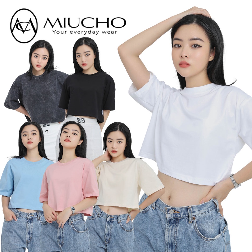 Áo croptop nữ trơn tay ngắn cổ tròn vải thun cotton kiểu hàn quốc CRT01 Miucho in hoạ tiết