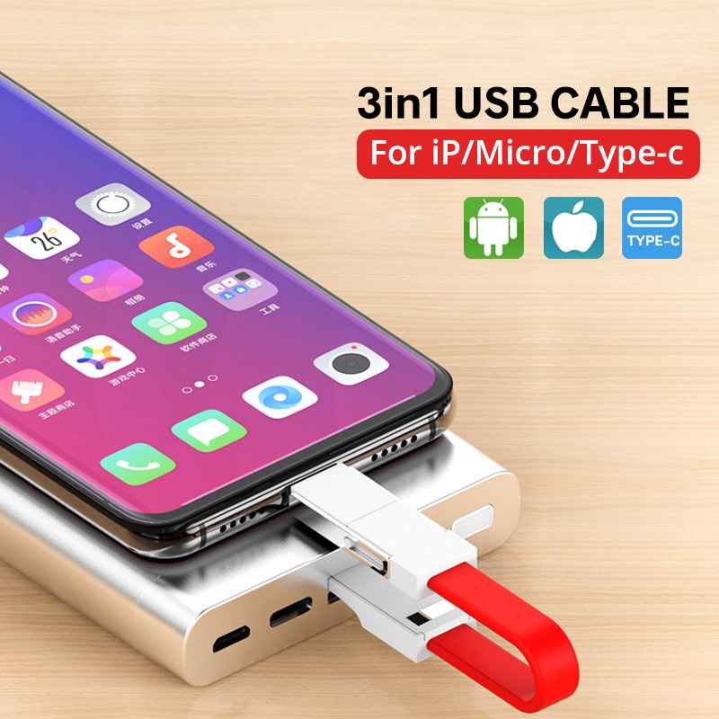 Cáp sạc HDOORLINK dạng móc khóa ngắn 2A 3 trong 1 cổng USB Type-C cho điện thoại thông minh tùy chọn màu sắc