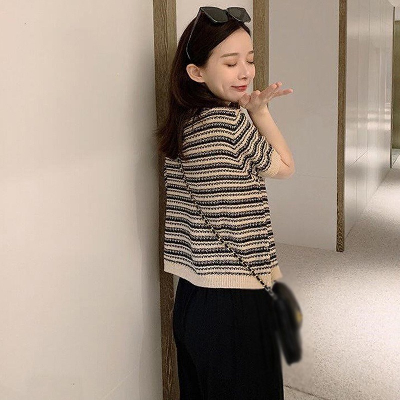 Áo Cardigan Dệt Kim Tay Ngắn Cổ Tròn Dáng Ôm Thời Trang Cho Nữ
