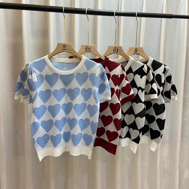SUXI Áo Dệt Kim Tay Ngắn Phồng Cổ Tròn Họa Tiết Trái Tim Phong Cách Retro Hợp Thời Trang Mùa Hè