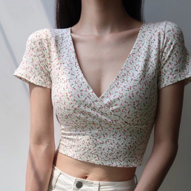 Áo Croptop Dáng Lửng Cổ V Cộc Tay Họa Tiết Hoa Nhí Ôm Dáng T Shirt Cá Tính (ảnh thật các màu ở cuối)