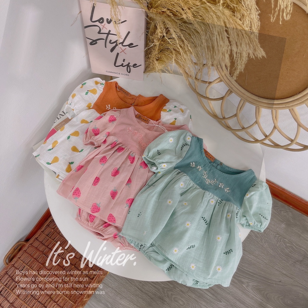 Set bộ quần áo bé gái Babydoll tay phồng dễ thương từ 6-18 kg
