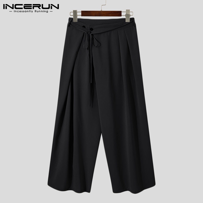 Quần dài INCERUN ống rộng xếp ly rút dây màu trơn thời trang đi chơi cho nam