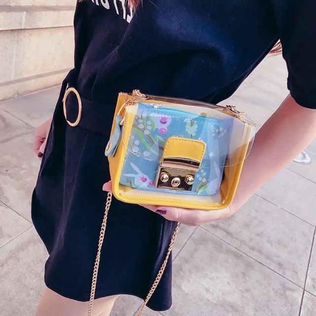 Túi xách nữ kiêm túi đeo chéo trong suốt 1 quai dây xích mảnh tặng 1 ví nhỏ họa tiết bên trong sinh nhật - cheo TL0077
