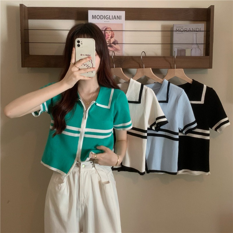 Áo thun ZHELIHANGFEI polo dệt kim ngắn tay phối khóa kéo thời trang