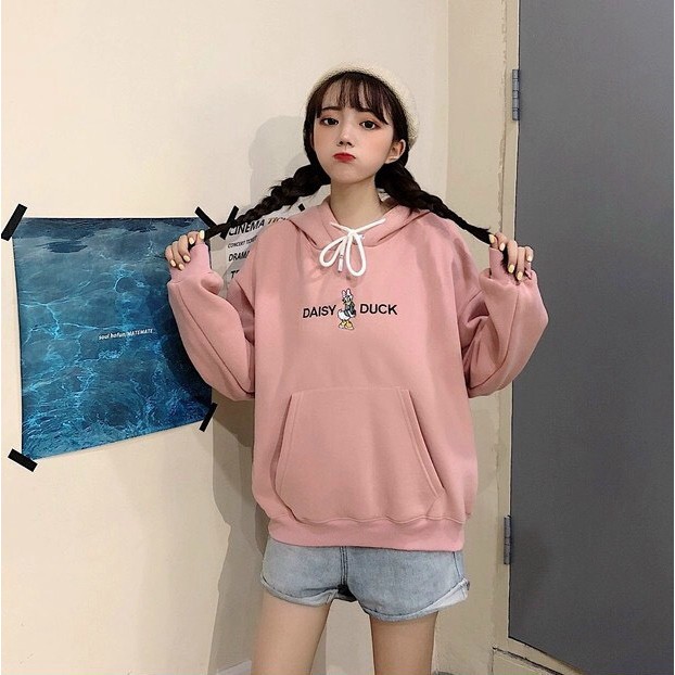 ÁO HOODIE NÓN CHUI TRÙM ĐẦU NỮ MÀU TRẮNG VẢI NỈ POLY VỊT DAISY DUCK