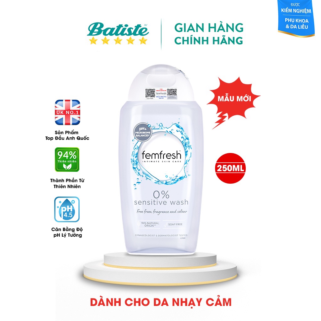 Dung dịch vệ sinh phụ nữ cao cấp cho da nhạy cảm Femfresh 0% Sensitive Intimate Wash 250ml