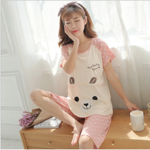 Bộ đồ bầu trước và sau sinh ngắn tay Azuno Az30 chất cotton có thiết kế cho con bú mặc nhà mùa hè