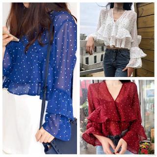 Áo kiểu vải voan tay dài cổ v hoạ tiết chấm bi nữ tính