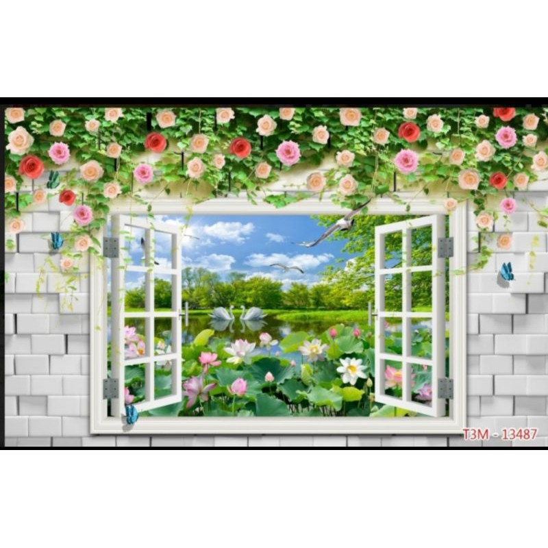 tranh dán tường cửa sổ 3d tranh phong cảnh hồ hoa sen in Vải Lụa