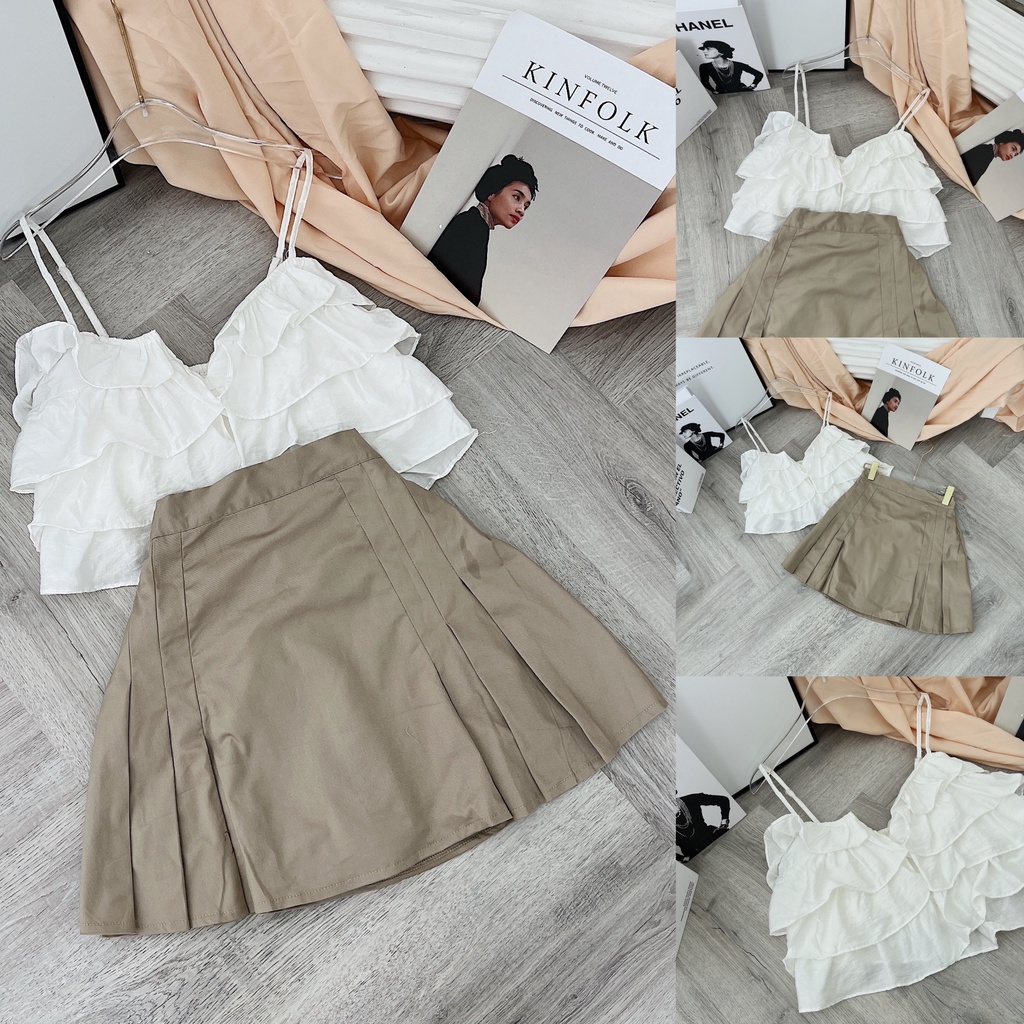 Set croptop trắng 2 dây bèo tầng, Chân váy nude xếp ly | BigBuy360 - bigbuy360.vn