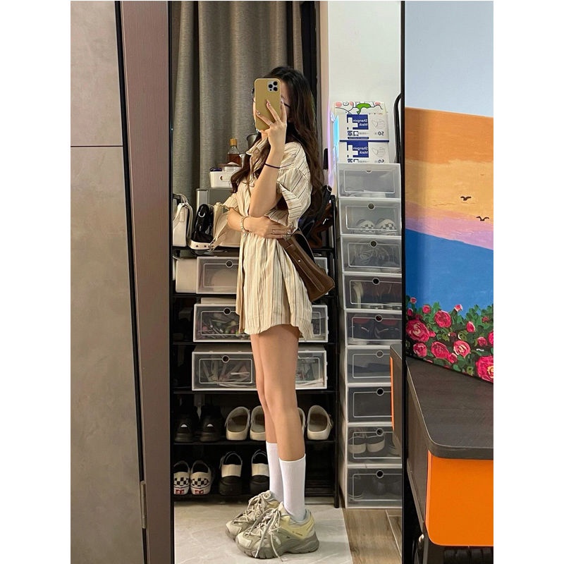 Áo Sơ Mi Ngắn Tay Họa Tiết Sọc Phong Cách Hàn Quốc Dành Cho Nữ