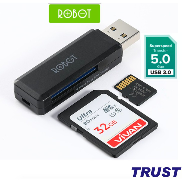 Dầu đọc thẻ nhớ USB ROBOT CR102 Chuẩn USB 3.0 Tốc độ truyền tải nhanh khe