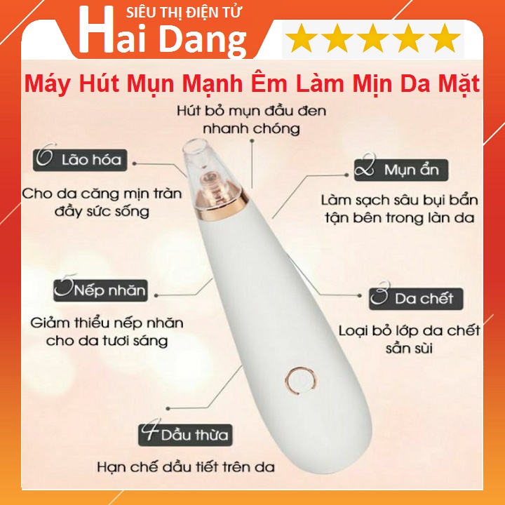Máy Hút Mụn Cầm Tay, Lực Hút Mạnh Êm - Làm Sạch Lỗ Chân Lông Kèm 3 Đầu Hút - Không Gây Ồn - Bảo Hành 6 Tháng