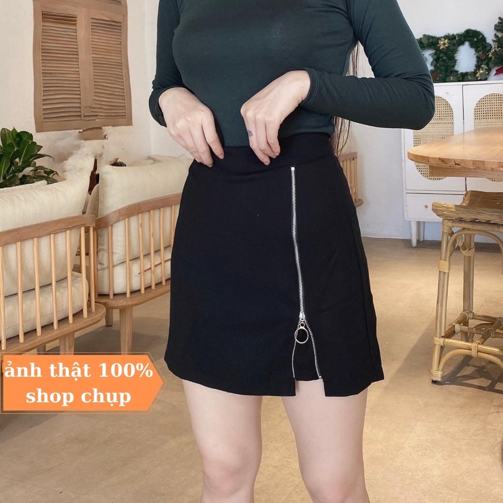 Chân Váy Đen Dáng Váy Chữ A Phối Dây Kéo Nổi Chất Liệu Tuyết Mưa Cao Cấp Có Quần Trong