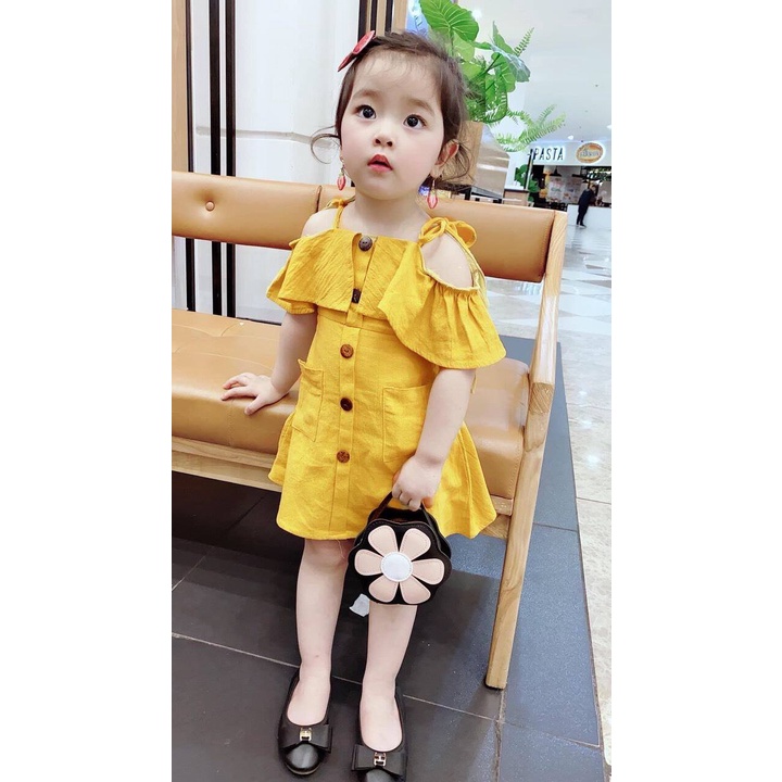 Đầm hai dây trễ vai mùa hè cho bé gái size 12-30kg chất lụa mềm mịn mát