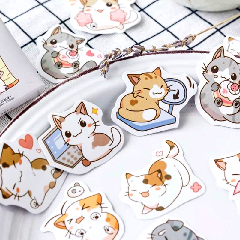 STICKER Mèo híp đáng yêu hộp 45 miếng dán trang trí sổ tay, lịch, ốp lưng điện thoại, laptop - S18