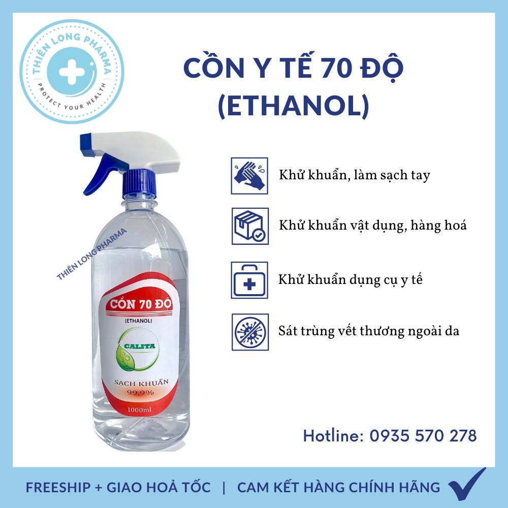 Cồn 70 độ Ethanol 1000ml, cồn y tế xịt diệt khuẩn, rửa tay có vòi xịt Calita