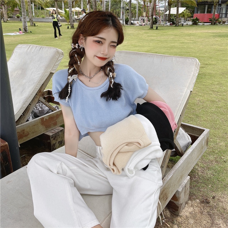 Áo thun XIAOZHAINV kiểu croptop dệt kim tay ngắn cổ tròn dáng rộng thời trang mùa hè dành cho nữ