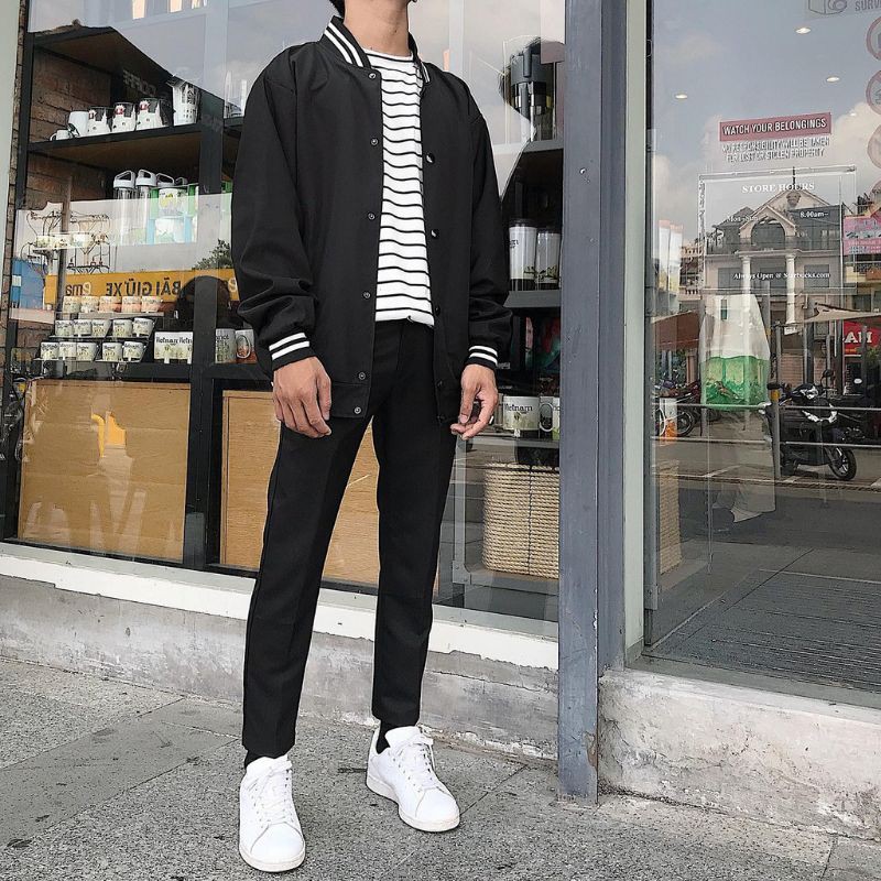 Áo khoác Bomber Dù Kaki 2 Lớp Jacket Bomber Basic Trắng Đen Phong Cách Streetwear Unisex Thời Trang Nam Nữ Áo Bóng Chày