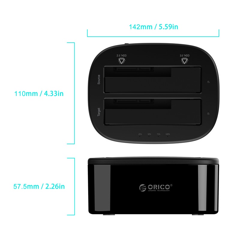 Docking (đế) ổ cứng Đen ORICO-6228US3 2 khay 3.5''/2.5'' SSD/HDD sata3 USB 3.0, bảo hành chính hãng 1 đổi 1 trong 1 năm