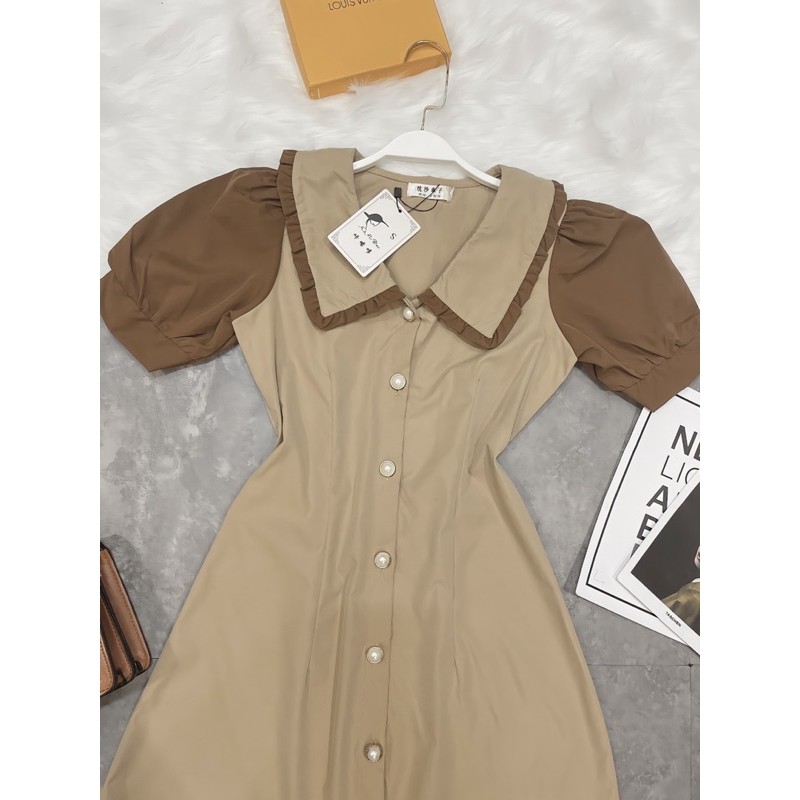 VNU248 - VÁY DÁNG A KAKI BE TAY NÂU CỔ VIỀN BÈO | BigBuy360 - bigbuy360.vn