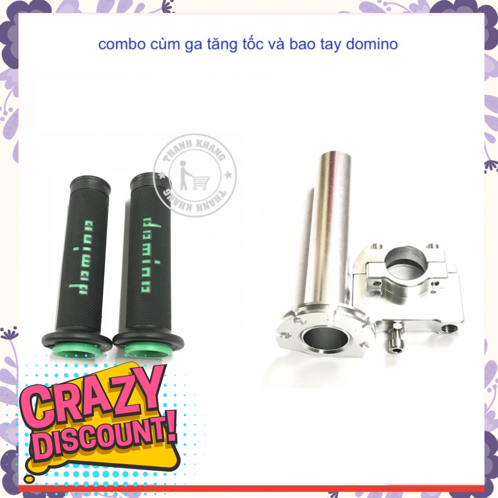 Sự kết hợp hoàn hảo cùm ga tăng tốc màu bạc và bao tay domino xanh lá gắn mọi xe máy thanh khang 006001011 006001031