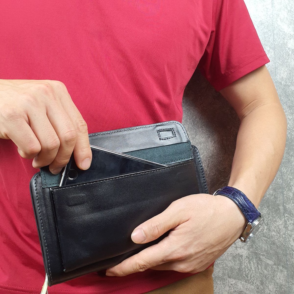 Clutch nam da bò thật, Clutch cầm tay ngăn đựng điện thoại CL126LEA - 100% da bò thật, BH 3 năm