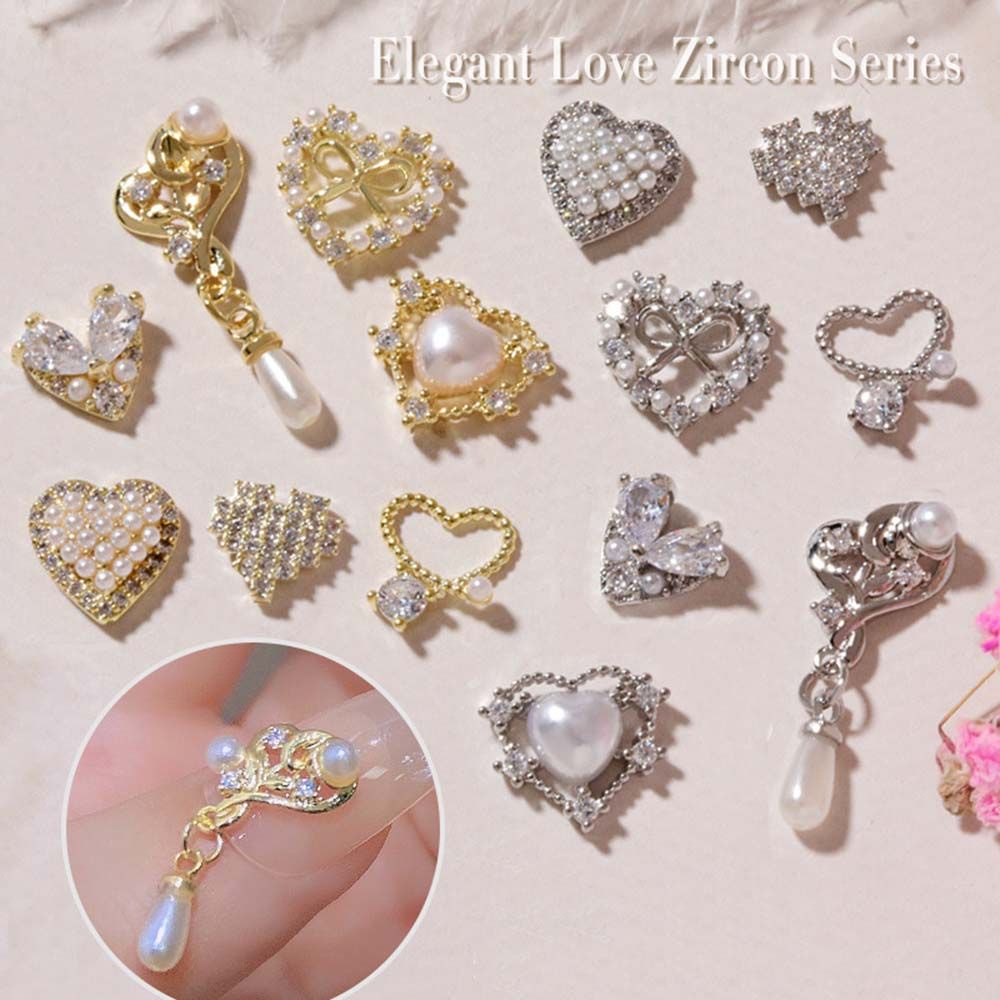 [Hàng mới về] Phụ Kiện Trang Trí Móng Tay Nghệ Thuật Hình Trái Tim 3D Bằng Kim Loại Đính Đá Ngọc Trai Sang Trọng Diy