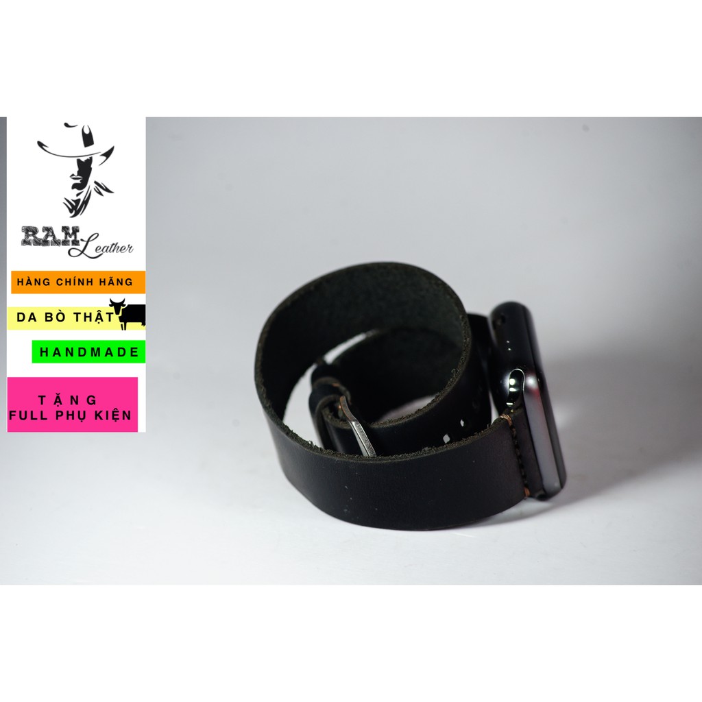 Dây đồng hồ RAM Leather da bò cao cấp màu đen RAM Leather doublestrap - tặng khóa chốt và cây thay dây
