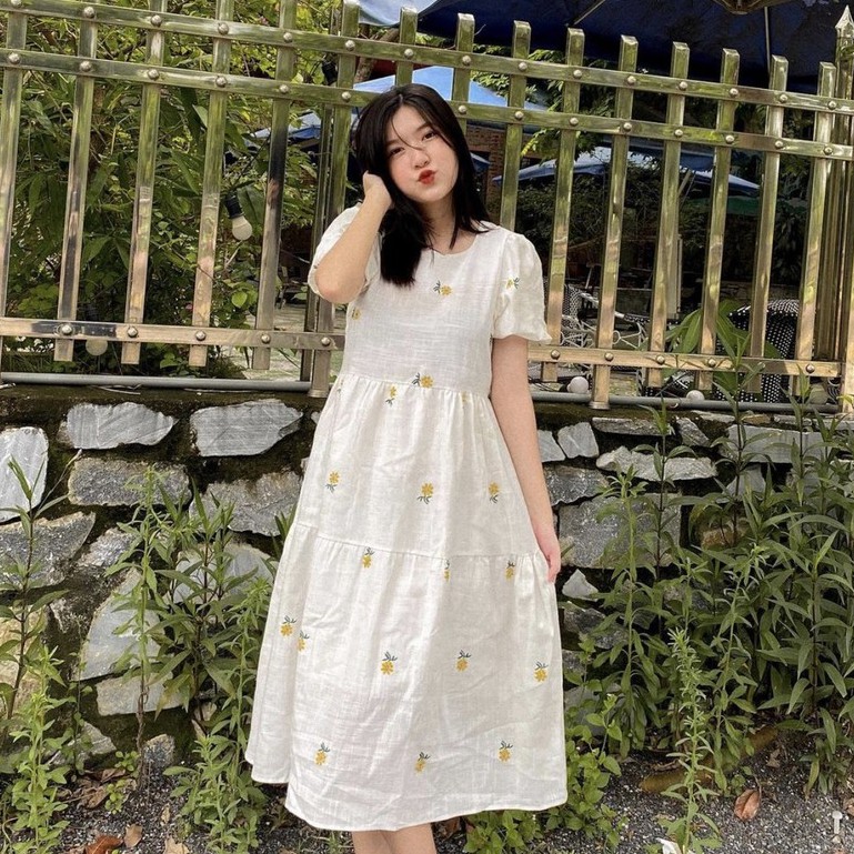 Váy Hoa Nhí Dáng Dài Tay Bồng - Họa Tiết Hoa Cúc - Vintage Ulzzang - Ảnh Thật - Titto Closet