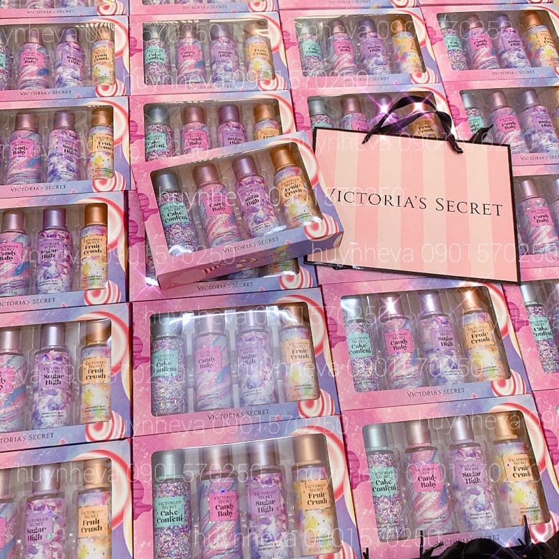 Set bộ quà tặng 4 chai xịt thơm bodymist + túi giấy hãng vic Candy Baby, Fruit Crush, Sugar High, Cake Confetti 4x125ml