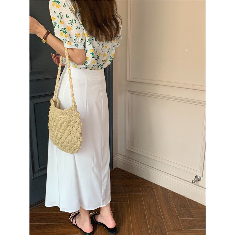 Set Áo Tay Phồng Cổ Tròn Màu Trơn + Chân Váy Dài Lưng Cao Xếp Ly Phong Cách Hàn Quốc Mới 44050