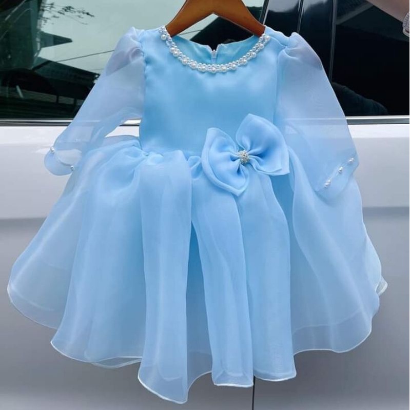 Đầm bé gái dáng xòe tay lỡ viền ngọc đính nơ nhỏ voan tơ mềm mại - Shop Mẹ Nấm