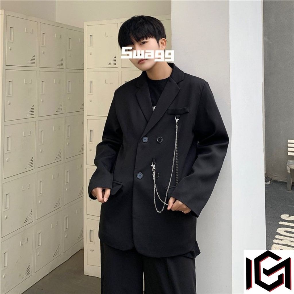 Áo blazer nam CHUMI form rộng unisex có kèm phụ kiện dây xích phong cách hàn quốc blz 283 | BigBuy360 - bigbuy360.vn