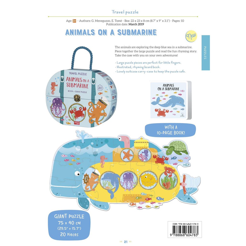 Vali xếp hình 20 miếng Động Vật Trên tàu ngầm hãng SASSI JUNIOR ANIMALS ON A SUBMARINE tặng kèm cuốn sách tiếng Anh