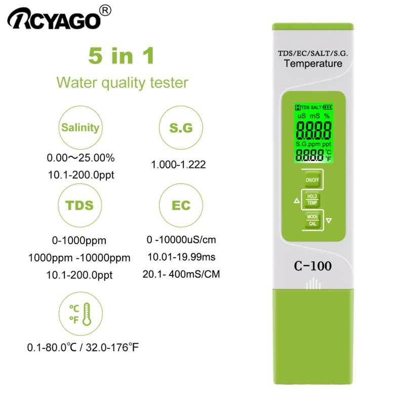 Máy đo chất lượng nước 5 trong 1 Tds / Ec / SG / độ mặn / nhiệt độ máy đo chất lượng nước kỹ thuật số