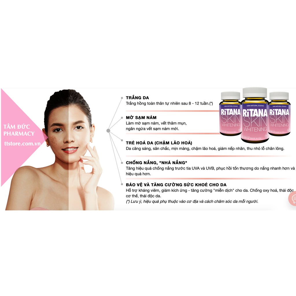 [Mã 77FMCGSALE giảm 8% đơn 500K] RITANA [Hộp 60 viên] - Viên uống trắng da Hoa hậu "Da trắng hồng, mờ sạm nám" | BigBuy360 - bigbuy360.vn