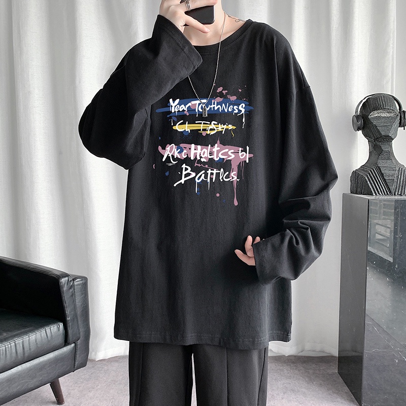 【M-5XL】Áo thun tay dài cổ tròn dáng rộng in chữ thiết kế đơn giản thoải mái thời trang mùa đông Nhật Bản cho nam