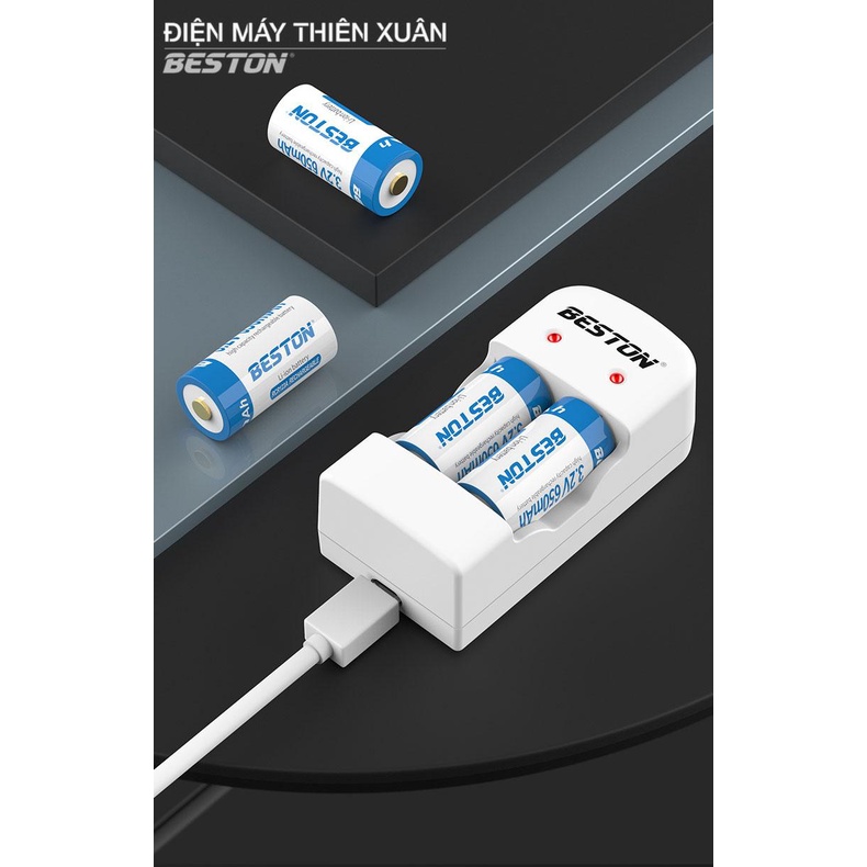 Bộ 2 pin sạc RCR123A kèm sạc Beston BST CD643 cho pin cho máy ảnh, camera, thiết bị đo, đèn pin, ống nhòm