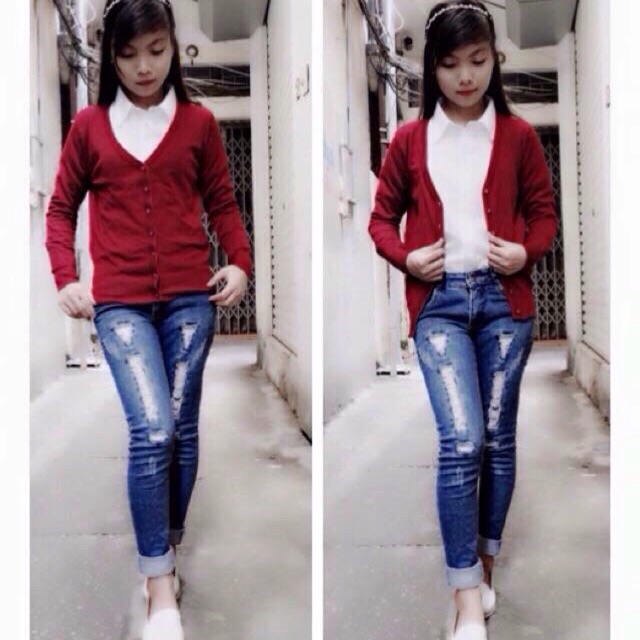 Áo len cardigan đỏ đô