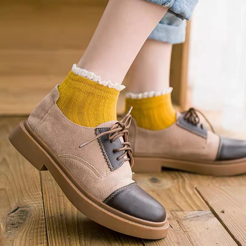 Vớ cotton Viền Ren Màu Trơn Cổ Thấp Thời Trang Hàn Quốc Mẫu Mới 2022 Dành Cho Nữ