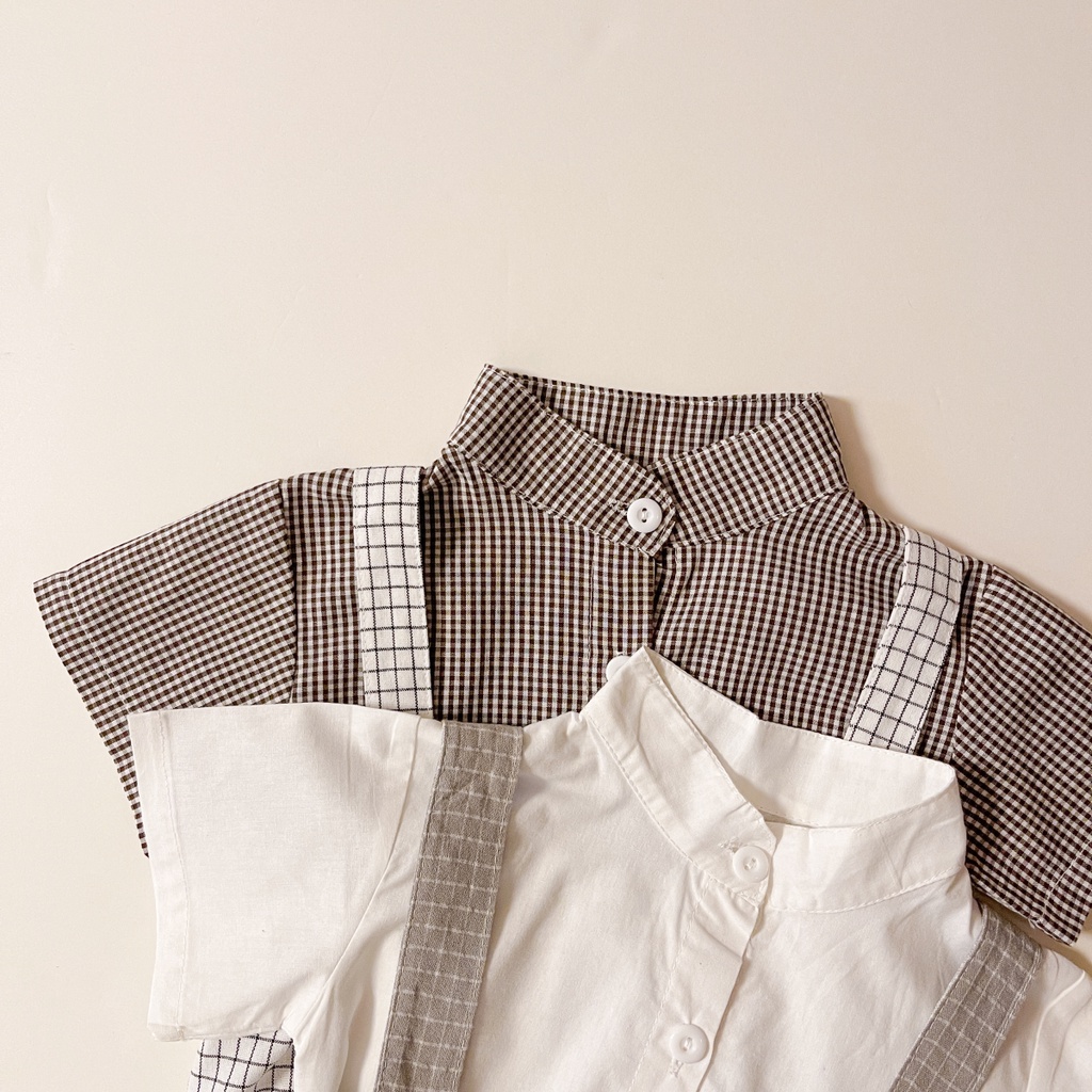 Set Áo Sơ Mi Ngắn Tay + Quần Yếm Họa Tiết Caro + Nón Thời Trang Cho Bé